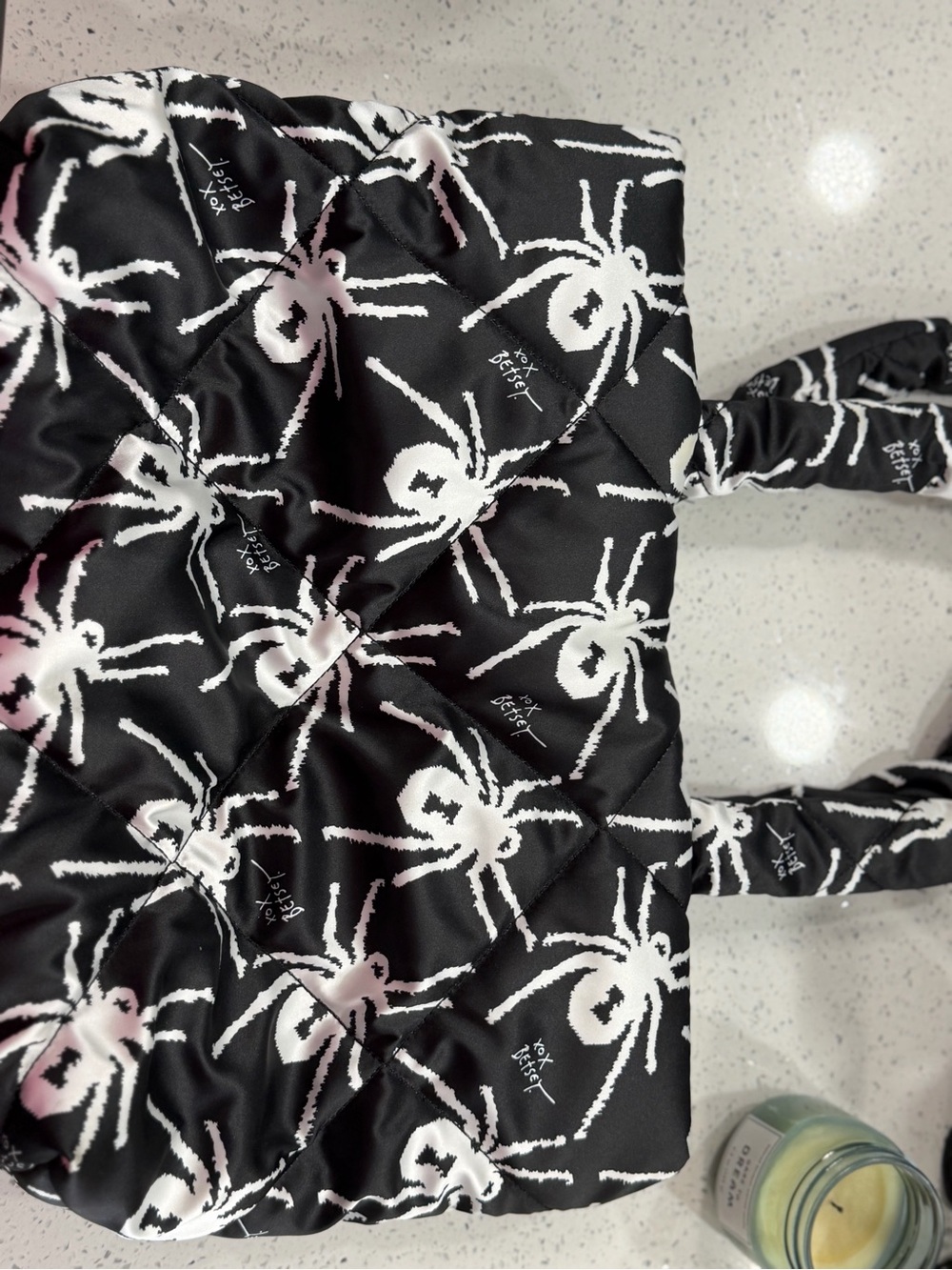 Betsey Johnson Quilted Black Tote Bag with White Spider Print